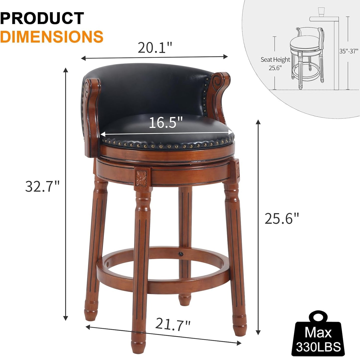 CozyRain Bar Stools Rubber Wood Counter Height Bar Stool Leather Upholstered Swivel Barstools with Back & Footrest for Home,Kitchen,Counter,Dining Room (Black, Seat Height 26 in)