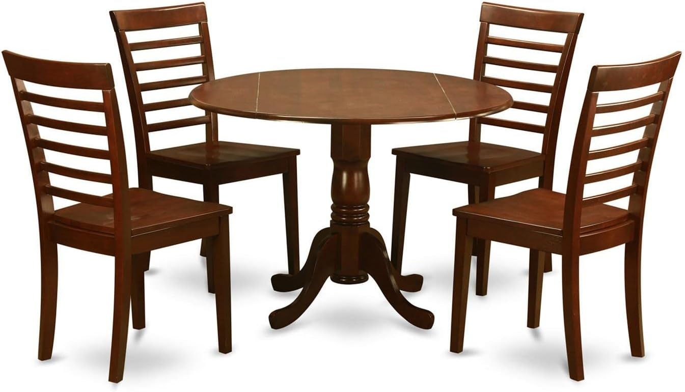 East West Furniture DLML5-MAH-W 5 Piece Modern Dining Table Set Includes a Round Wooden Table with Dropleaf and 4 Kitchen Dining Chairs, 42x42 Inch, Mahogany