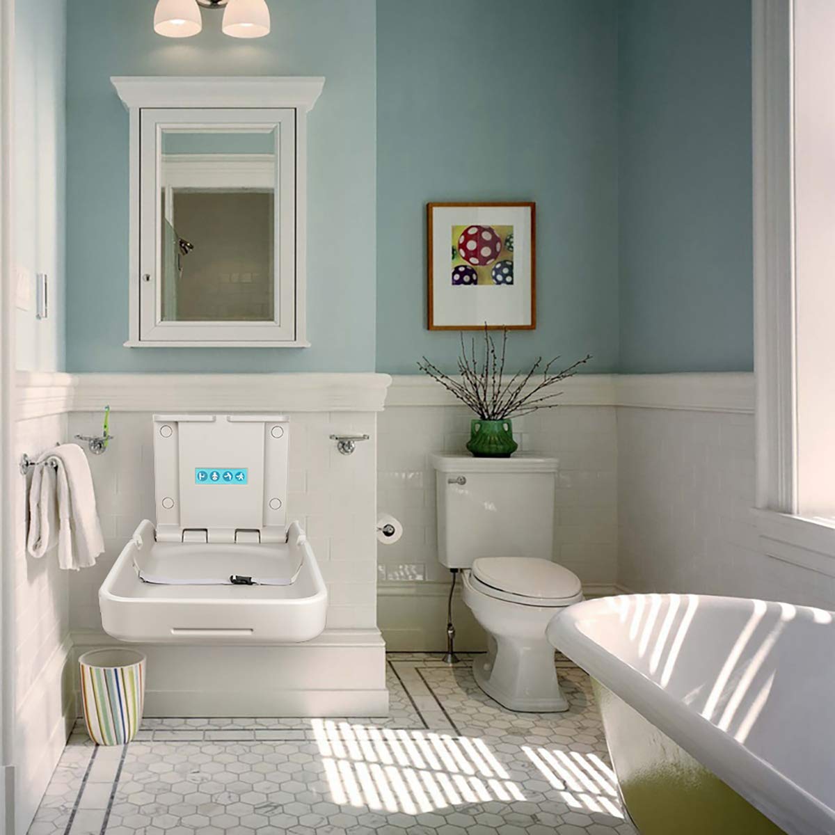 Baby Changing Diaper Station - Vertical Wall Mounted, Sturdy & Durable- with Safety Straps for Commercial Restrooms(White Granite)