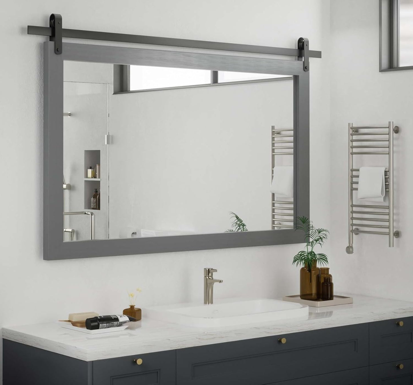 PAIHOME Large Gray Wall Mirror, Farmhouse Horizontal Rustic Square Bathroom Mirror for Wood Framed Vanity Mirrors, Barn Door Style Decor Living Room Entryway Bedroom 40x26INCH, Grey