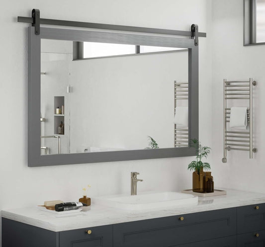 PAIHOME Large Gray Wall Mirror, Farmhouse Horizontal Rustic Square Bathroom Mirror for Wood Framed Vanity Mirrors, Barn Door Style Decor Living Room Entryway Bedroom 40x26INCH, Grey