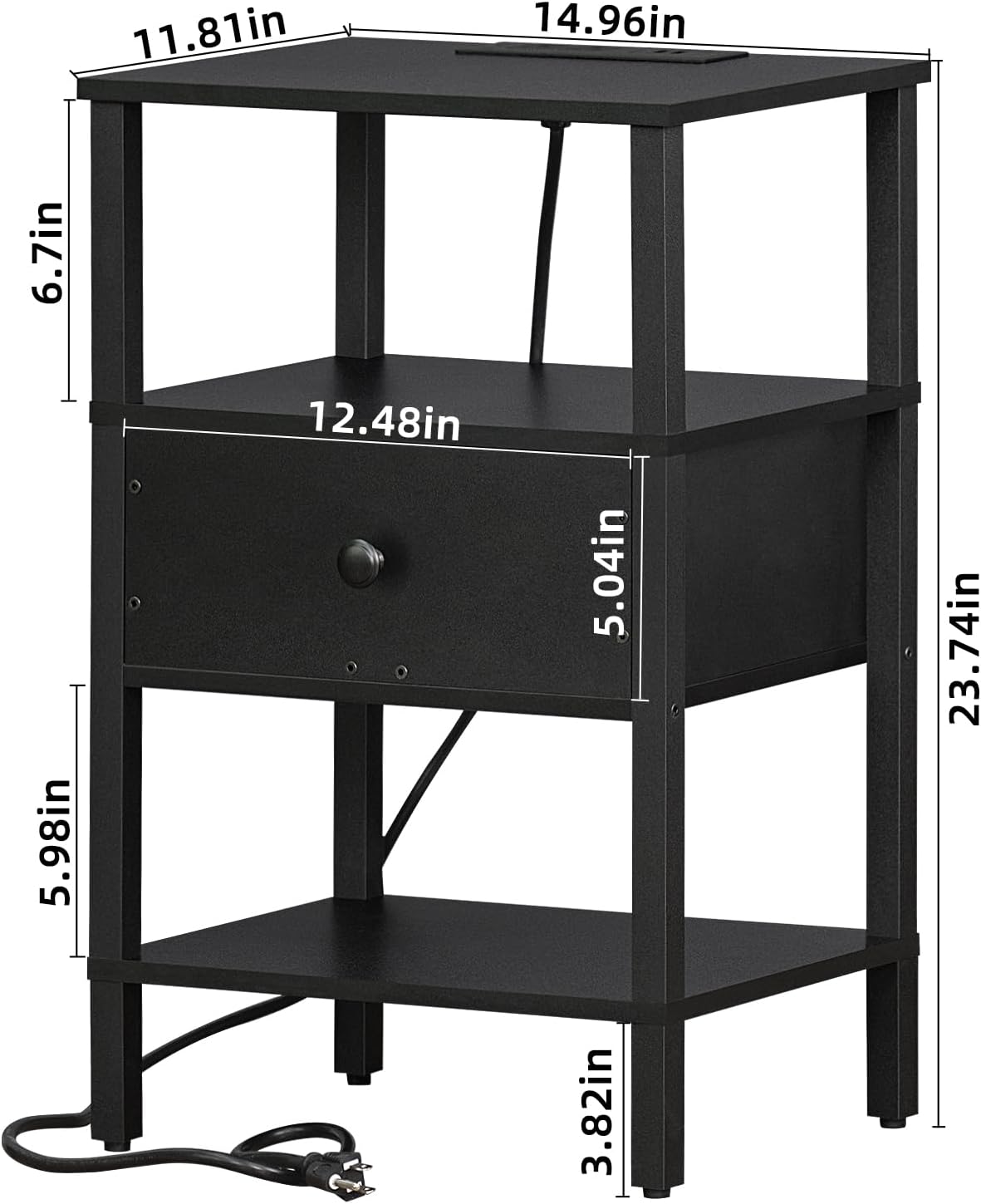 Lerliuo Nightstand with Charging Station and USB Ports, 3-Tier Storage End Table with Drawer Shelf, Night Stand for Small Spaces, Wood Bed Side Table for Living Room, Bedroom - Classic Black