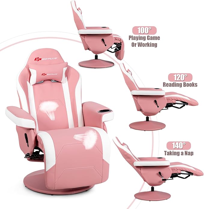 POWERSTONE Gaming Recliner Massage Gaming Chair with Cup Holder Ergonomic PU Leather Single Sofa with Footrest and Side Pouch, Adjustable Living Room Chair Home Theater Seating (Pink)