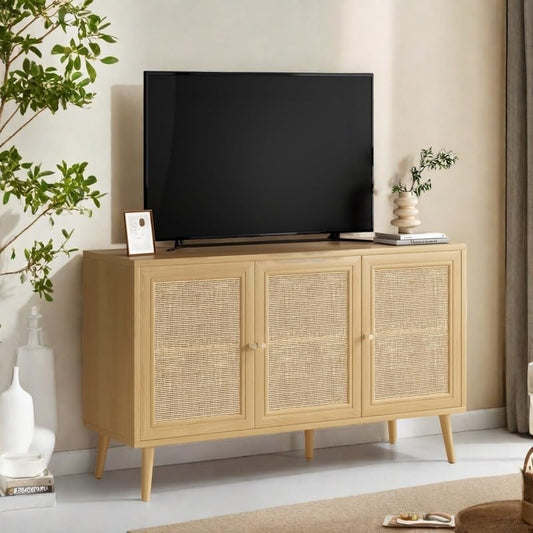 Rattan Entryway Table, Entertainment Center with Adjustable Shelf, Sideboard Buffet Cabinet with 3 Rattan Doors, Modern Console Cabinet with Large Storage for Living Room, Kitchen, Brown