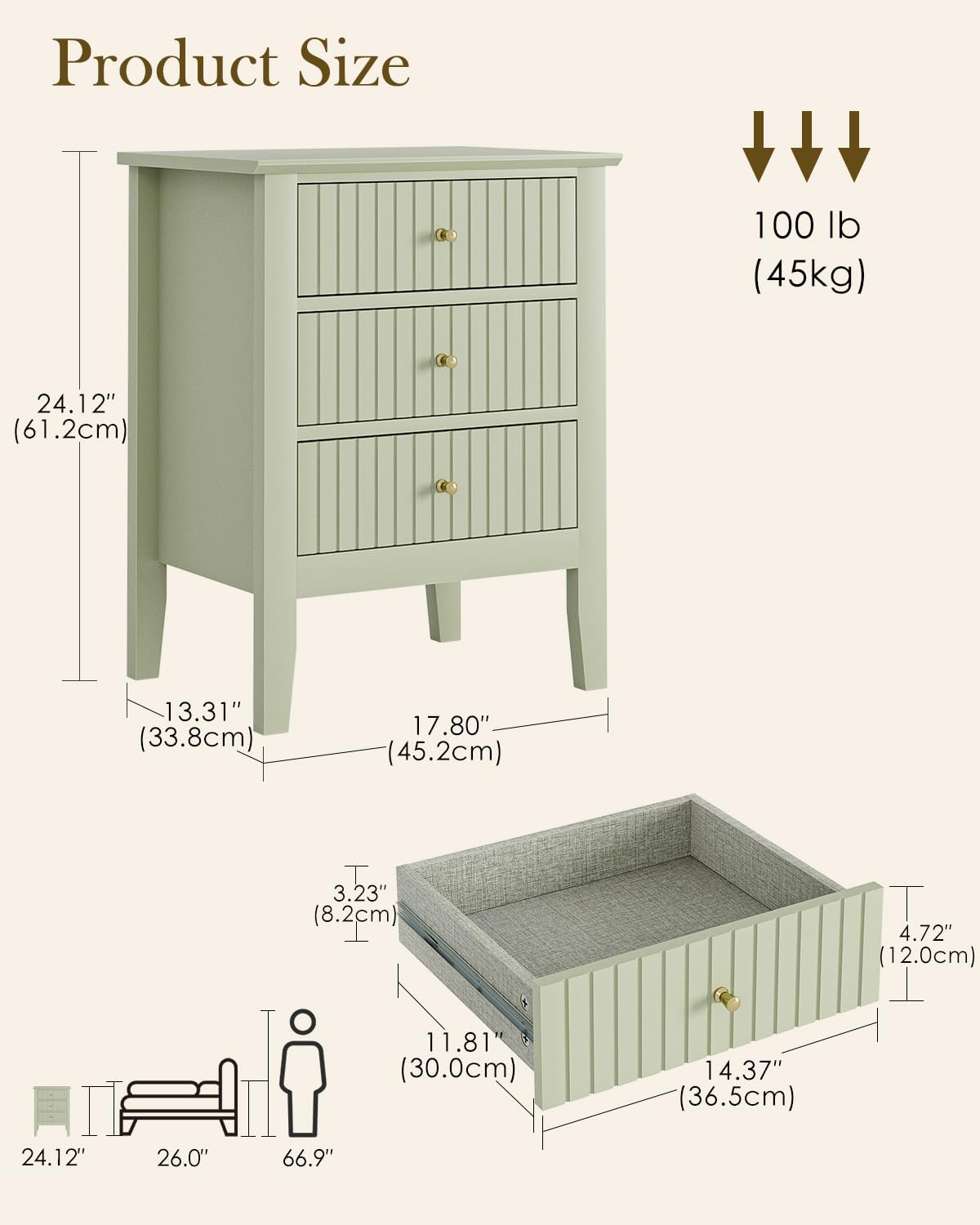 Fluted Nightstand, Farmhouse Night Stand with 3 Drawers, Mid Century Modern Side Accent Table,Bedside End Table for Bedroom, Living Room, Pale Green