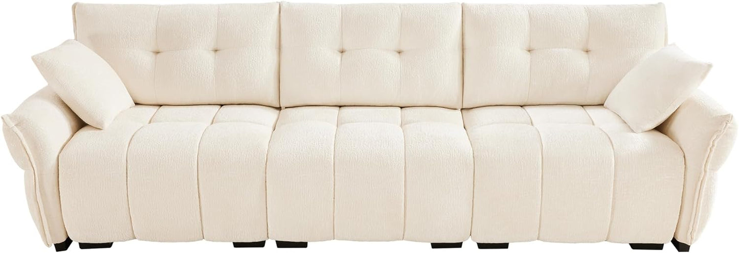 Modern Chenille Fabric 3-Seat Sofa w/ 2 Pillows, Premium Upholstery Living Room Couch with Tufted Backrest & Comfortable Armrests and High-Resilience Memory Foam Cushions,White