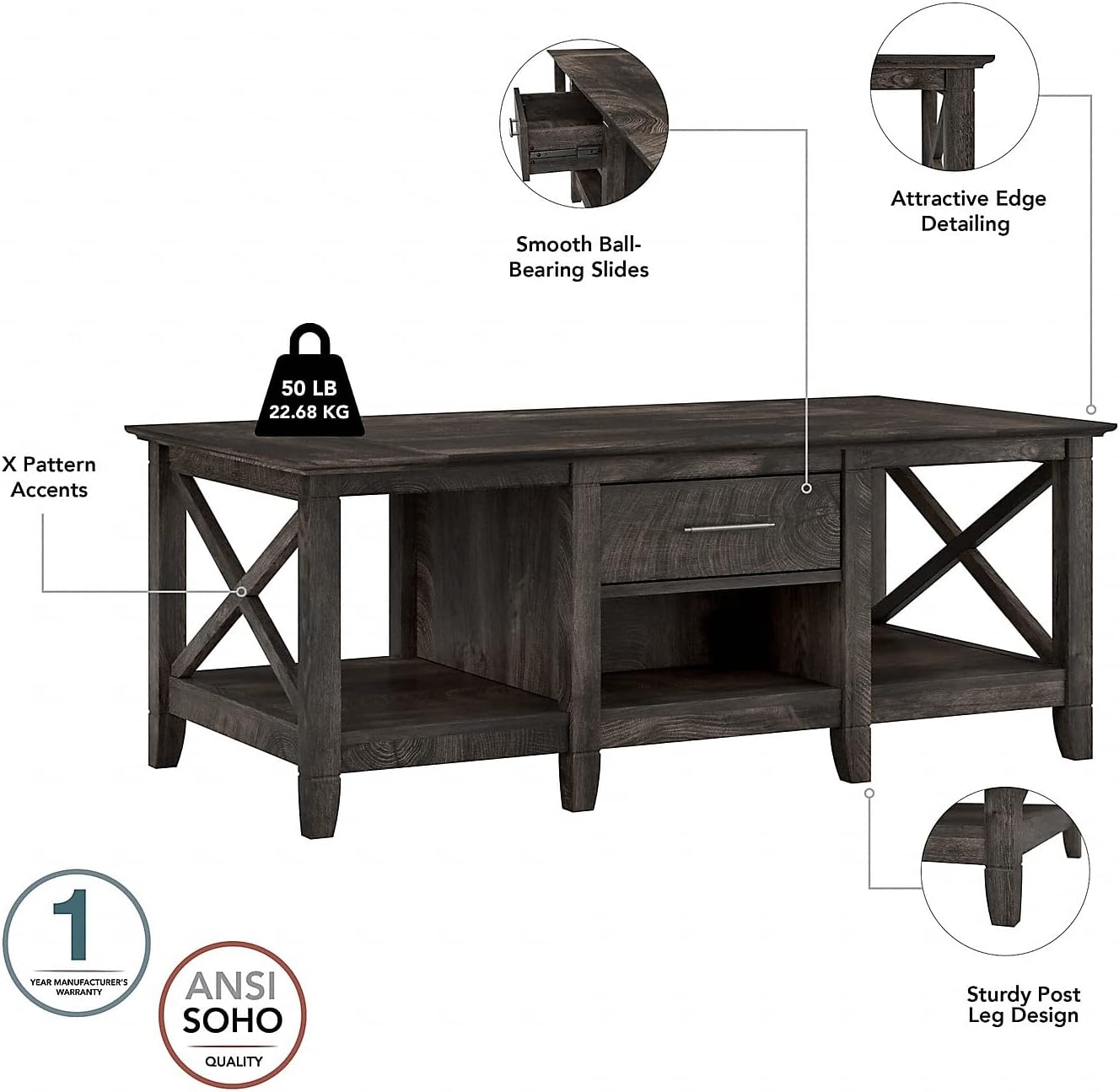 Bush Furniture Key West Coffee Table with Set of 2 End Tables in Dark Gray Hickory