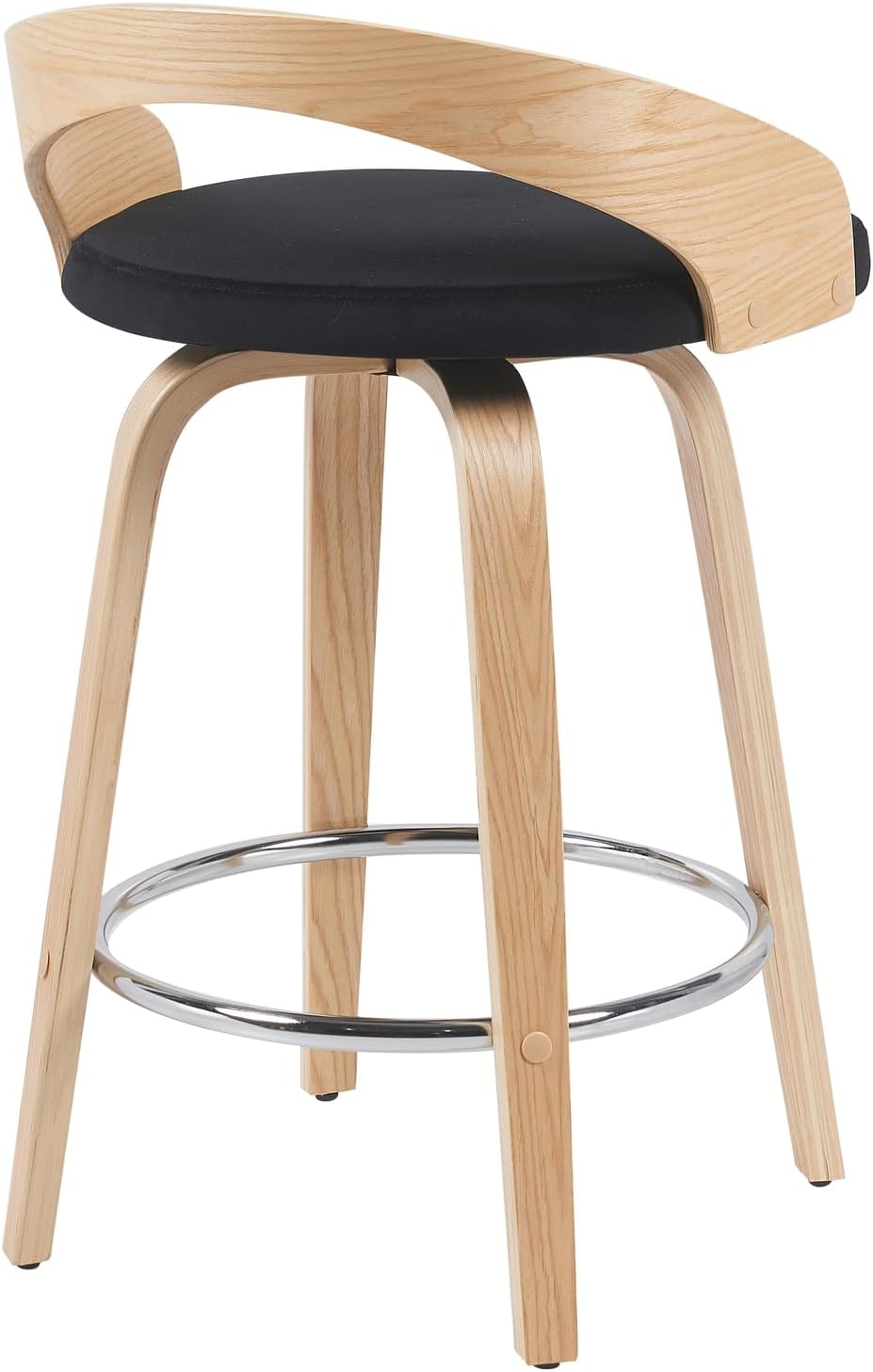 Sonia Modern Swivel Counter Height Bar Stool with Black Upholstered Seat and Patterned Oak Wood Finish Set of 3