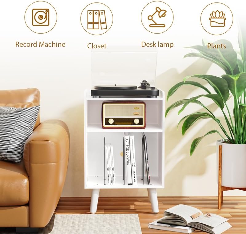 Record Player Stand, Turntable Stand with Record Storage and Charging Station & USB Ports, Record Player Table with Metal Divider, Record Stand Up to 160 Albums for Living Room, Bedroom, White