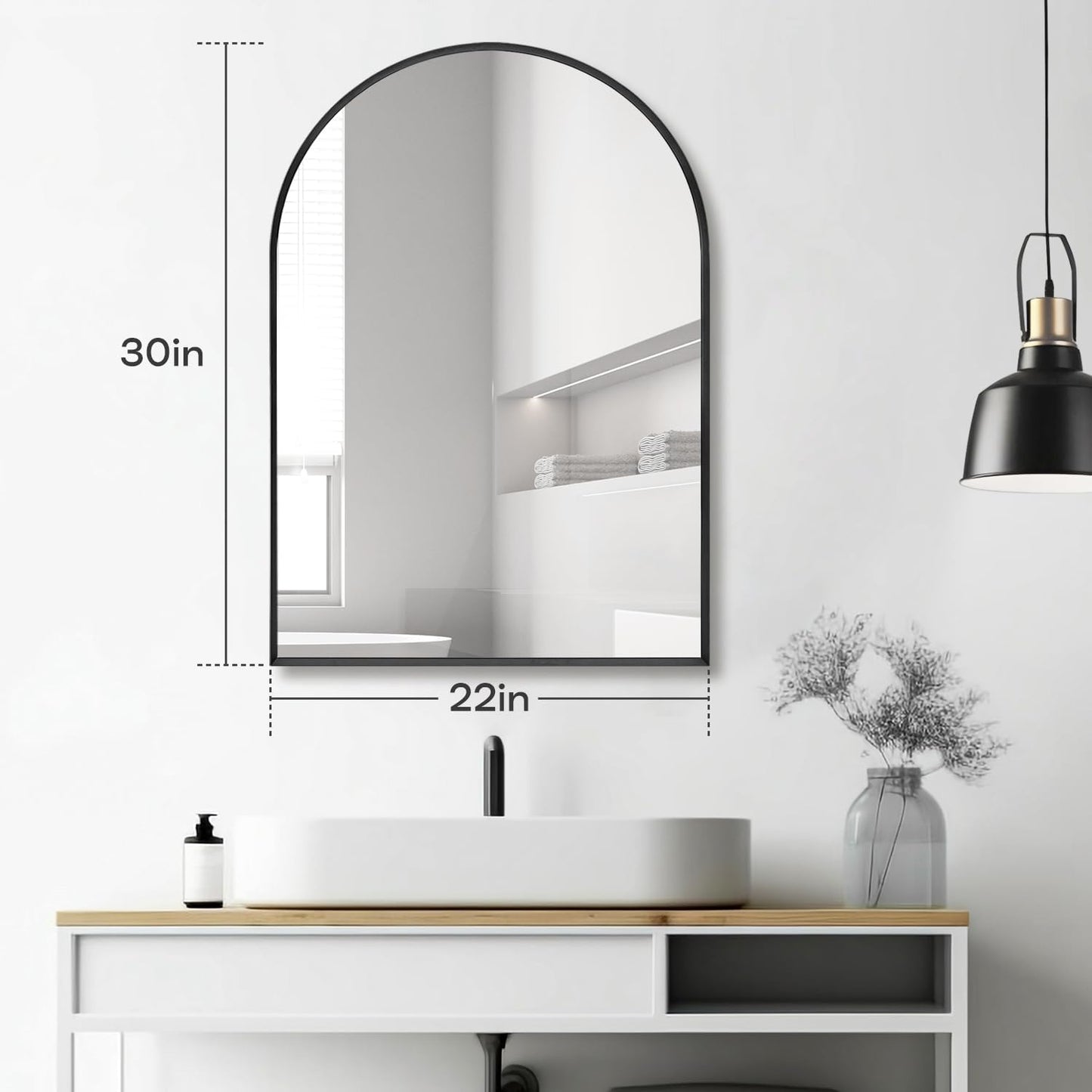 22" x 30" Black Arched Mirror, Arch Wall Mirror, Metal Frame Black Bathroom Mirror, Arched Top Bathroom Vanity Mirror for Living Room, Bedroom, Entryway, Tempered Glass, Shatter Proof