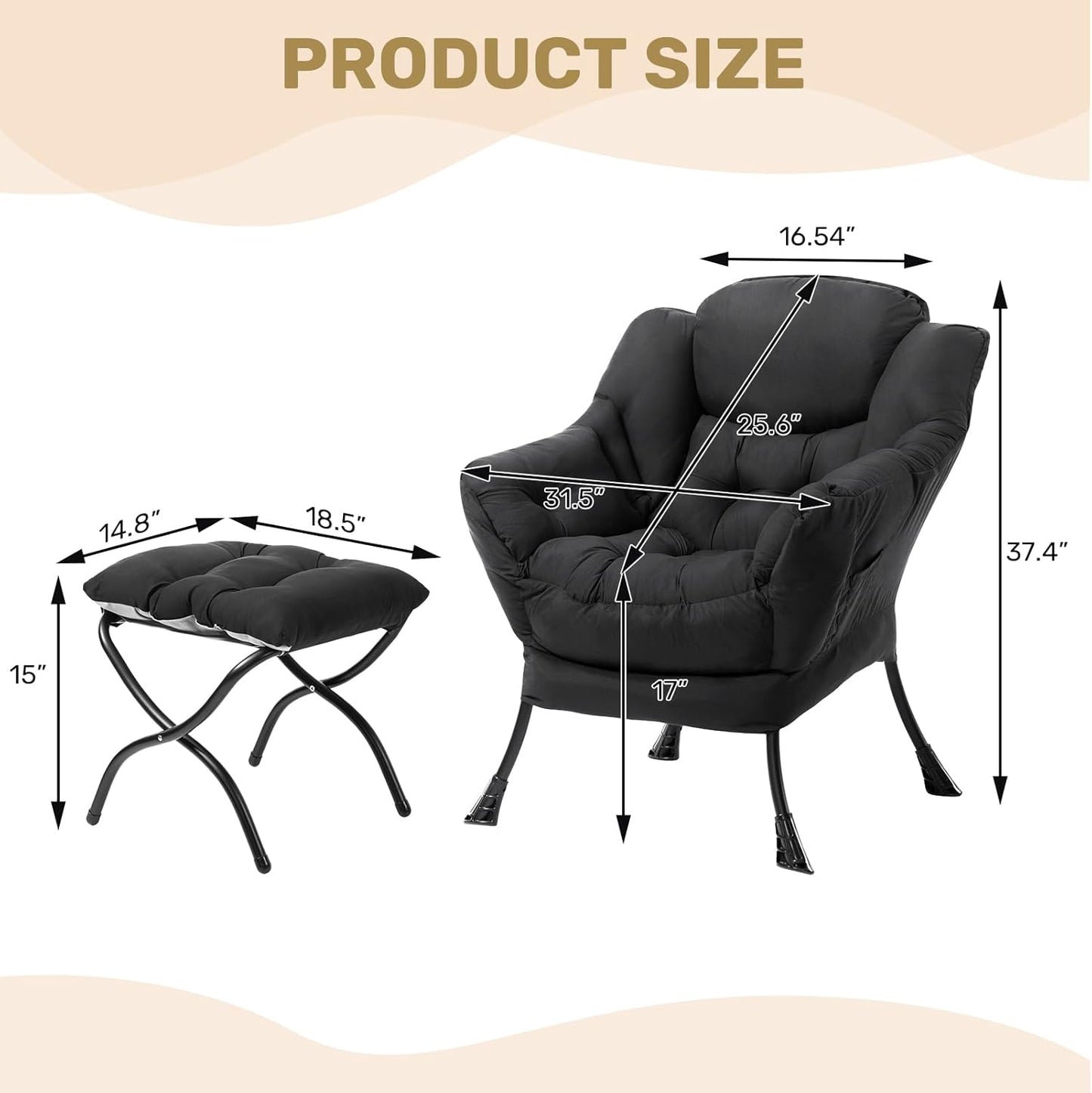 HollyHOME Lazy Chair with Foldable Ottoman,Accent Comfy Lounge Arm Chair and Folding Footrest Stool Set,Leisure Sofa Reading Chair and Footstool for Living Room,Bedroom, Dorm,Peachskin Fabric Black
