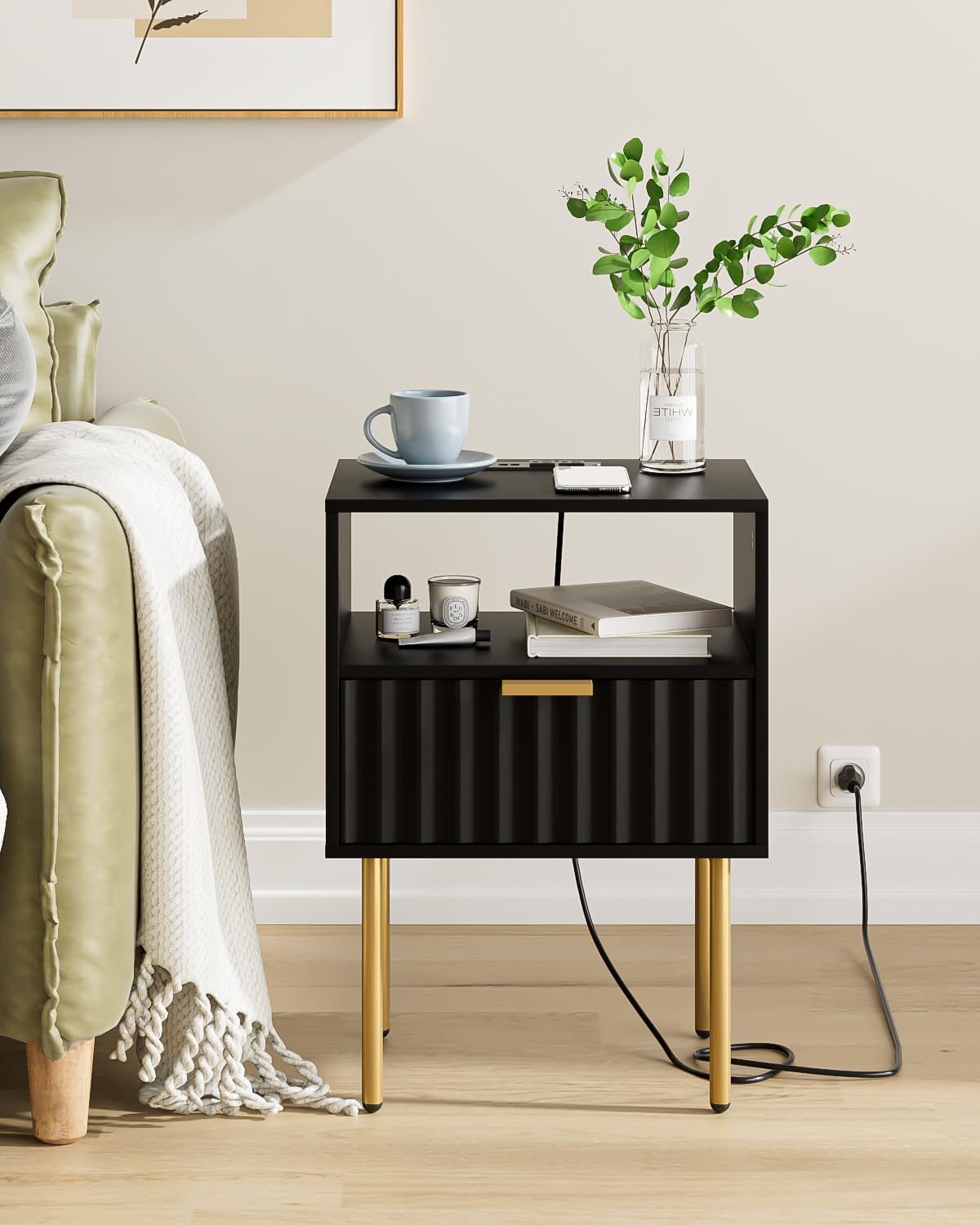 Masupu Nightstand with Charging Station,Mid-Century Modern Bedside Table with Storage Drawer and Open Wood Shelf,Small Gold Frame Side Table for Bedroom,Living Room (Black Fluted)