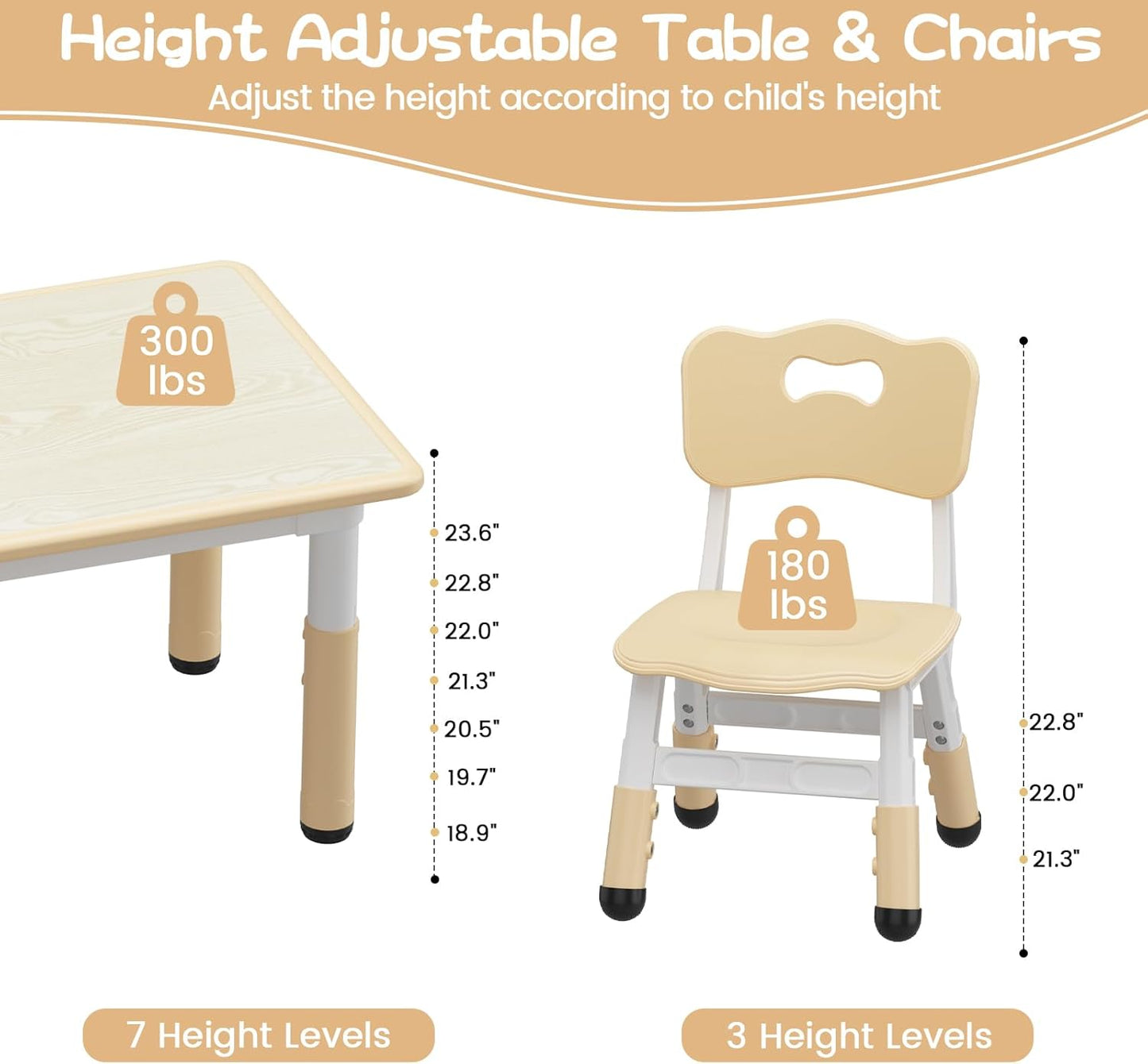GarveeHome Kids Table and 6 Chairs Set, Height Adjustable Toddler Table and Chair Set, Graffiti Desktop, Children Study Play Dinner Table for Home Daycare Preschool for Ages 2-8, Beige