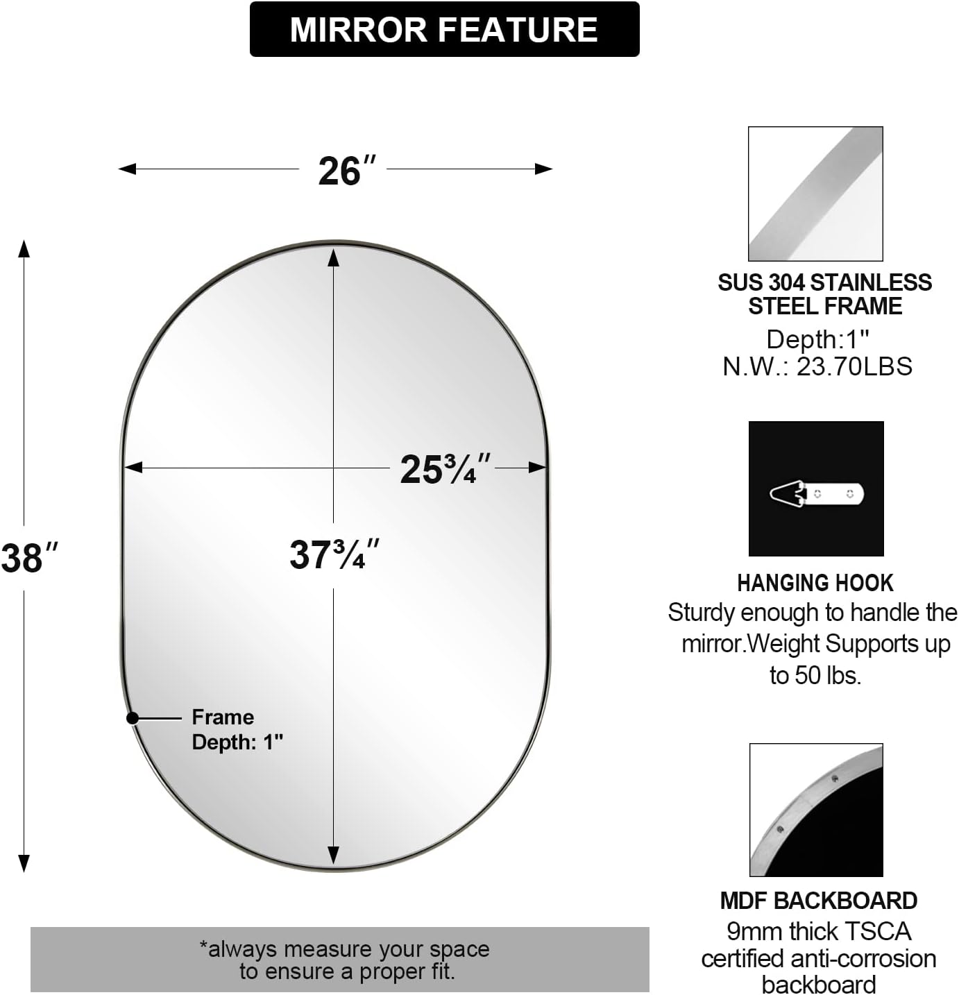 ANDY STAR Chrome Bathroom Mirror, 26x38’’ Oval Mirrors for Bathroom, Pill Shaped Mirror Chrome Metal Framed, SUS304 Anti-Rust, 1’’ Deep Wall-Mounted Vertically/Horizontally