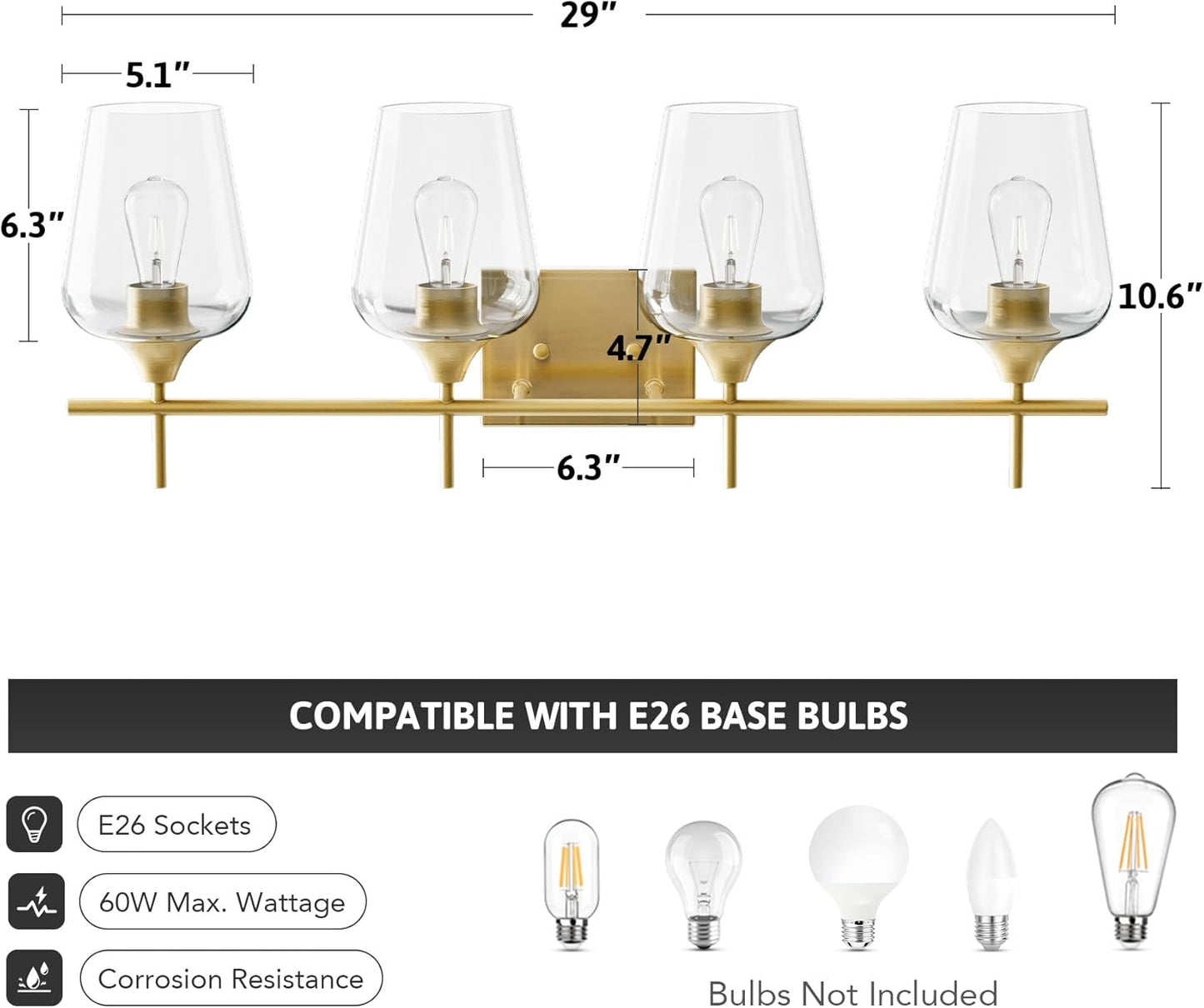 VONLUCE Bathroom Vanity Light, 4 Light Bathroom Light Fixture Over Mirror, Bathroom Wall Lamp with Clear Glass, Modern Gold Vanity Lighting fixtures for Bathroom, Bedroom, Hallway
