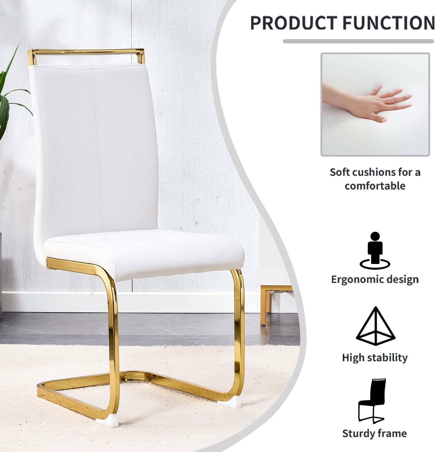 Modern Dining Chairs Set of 6,High Back White Kitchen Chairs,Faux Leather Side Chair with Gold Plated Metal Legs,Easy to Clean Upholstered Dining Chairs,Ideal for Living Room(Gold Leg)