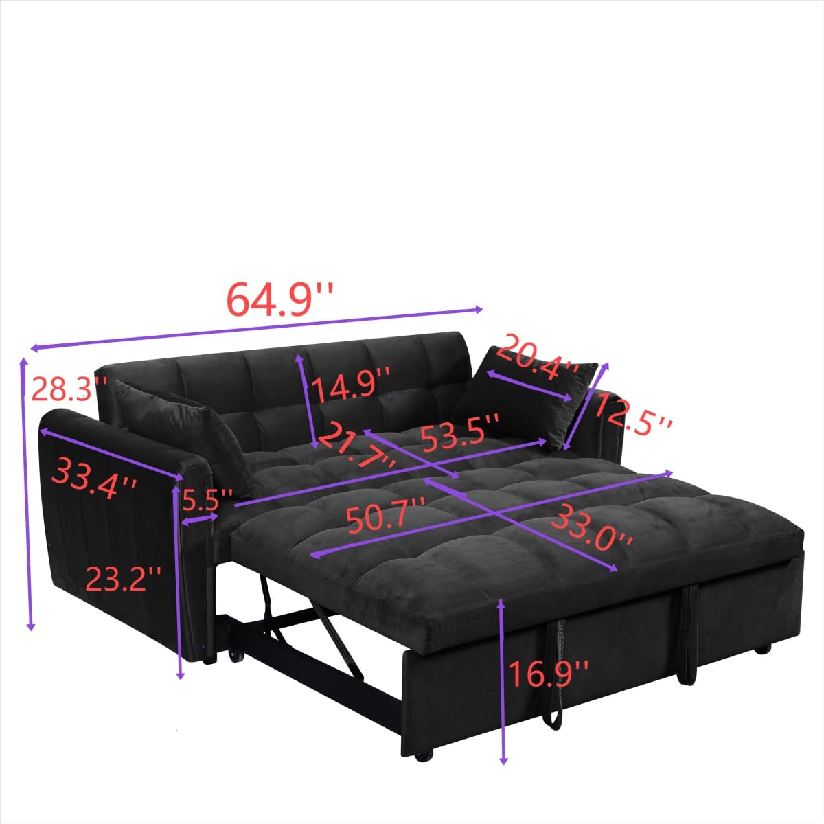 Ball & Cast 65" 3 in 1 Large Sleeper Sofa Bed,Velvet Upholstered Pull Out Couch with Adjustable Backrest&2 Pillows,Convertible Futon Sofa-Bed W/Side Pocket,Loveseat Chaise Lounge for Living Room,Black