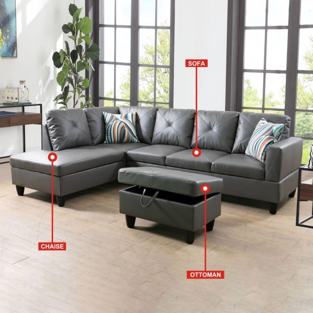 Dark Grey L-Shaped 3-Piece Faux Leather Sofa with Storage Ottoman Set, Sectional Couch Sofa Set for Living Room, Office, Small Space