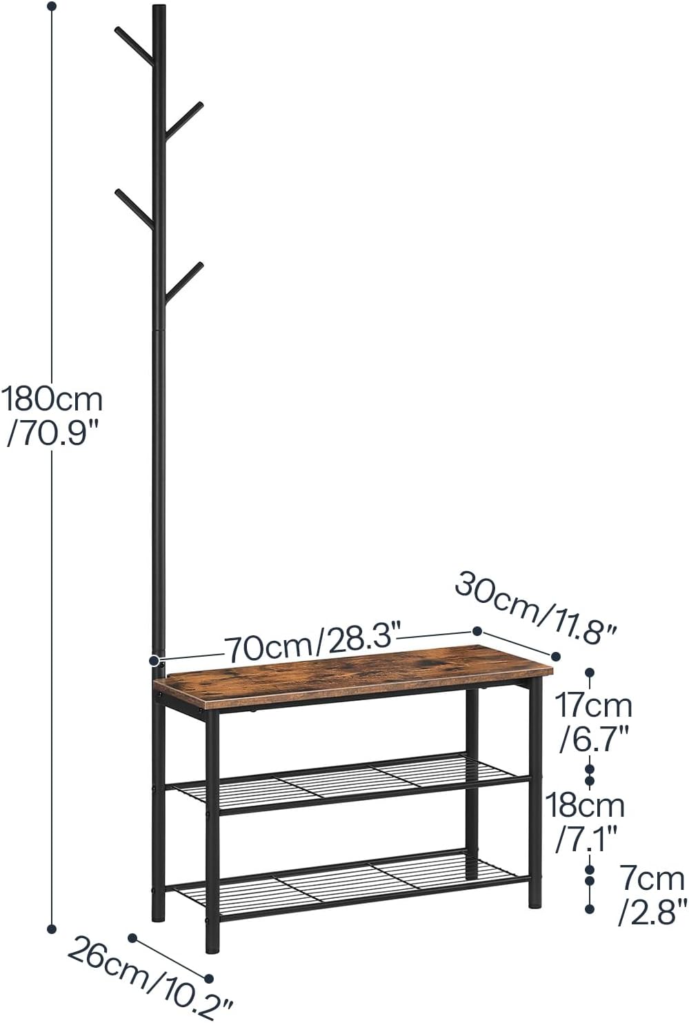 HOOBRO Coat Rack Shoe Bench, 3-Tier Shoe Rack, Industrial Shoe Organizer Storage Bench, Entry Bench with Mesh Shelves, for Entryway, Living Room, Hallway, Easy Assembly, Rustic Brown BF12HX01