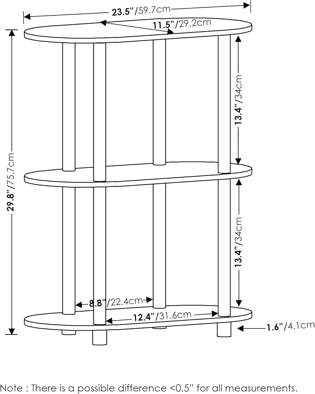 Furinno Turn-N-Tube No Tools 3-Tier Modern Oval Side Display Rack, Bauhaus Oak/Beige