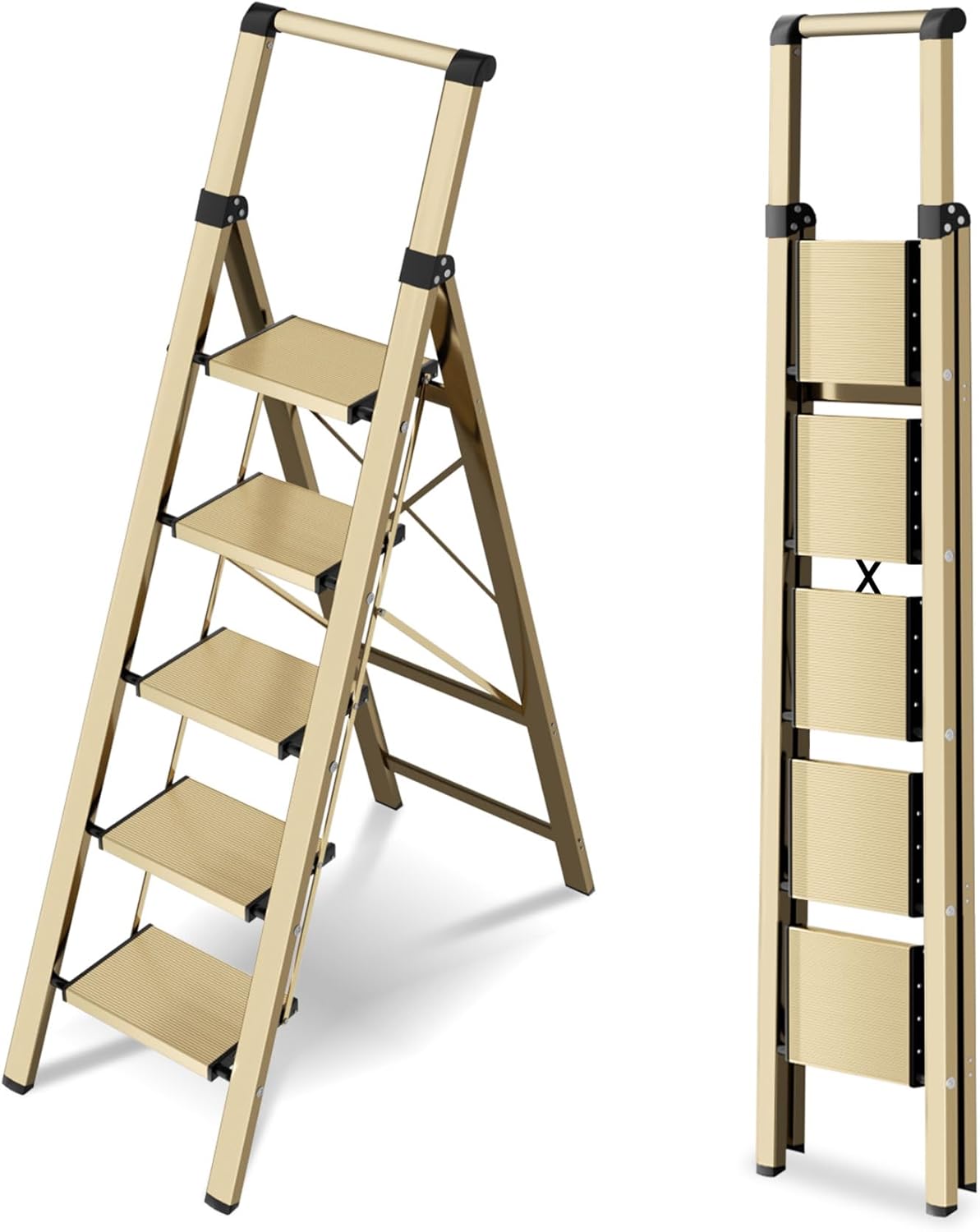 5 Step Step Ladder,Lightweight Folding Step Stool with Anti-Slip Aluminum Wide Pedal&Convenient Handgrip,Steel Ladder for Household and Office(Gold)