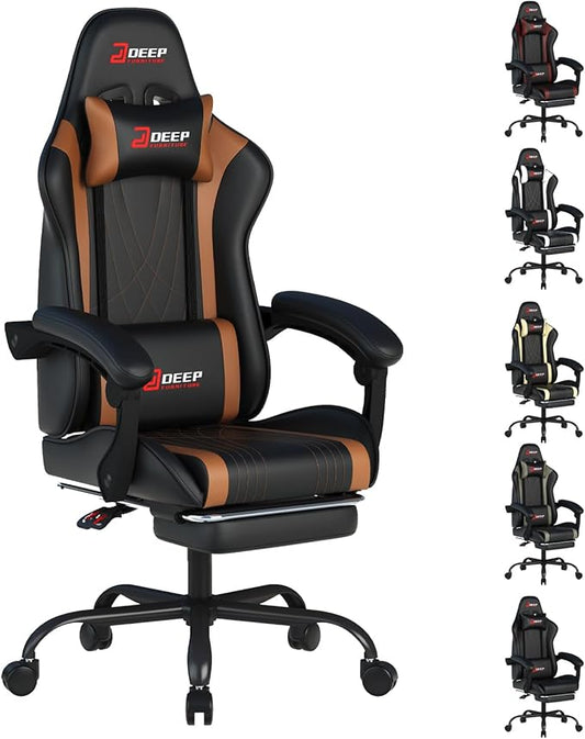 Ergonomic Gaming Chair with Footrest and Lumbar Massage, Racing Office Chair, High Back Computer Desk Chair with Headrest Pillow for Adults, Video Game Chair for PC Gamer (1001-Brown)