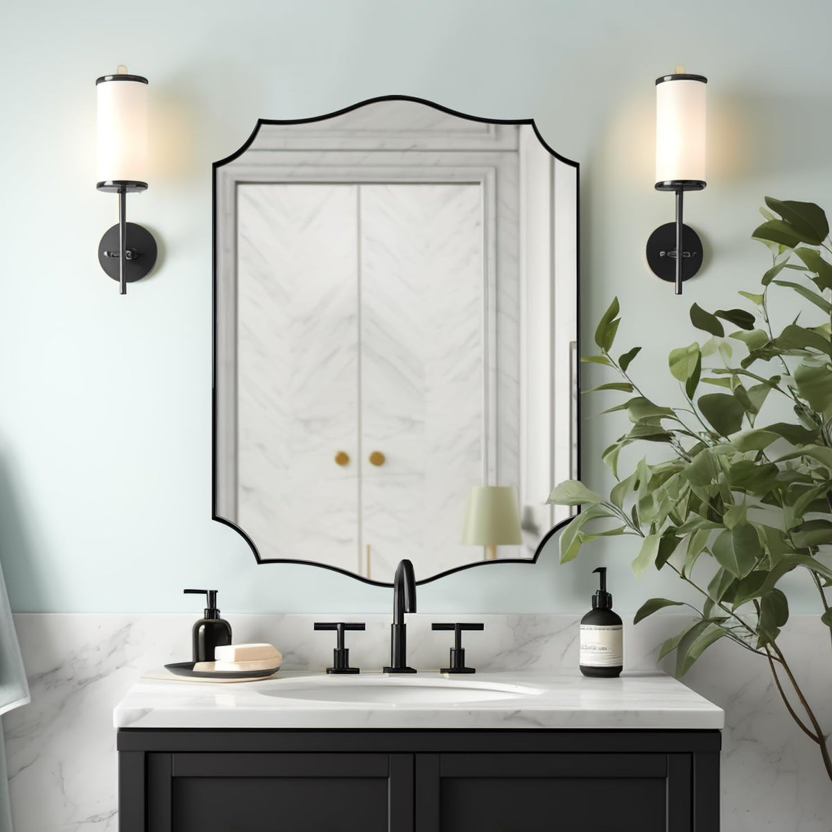 ANDY STAR Black Bathroom Vanity Mirror, 22x30 Irregular Wall Mirror, Scalloped Wall Mirror in Stainless Steel Metal Frame, Asymmetrical Mirror for Bathroom, Bedroom, Living Room, Mantel