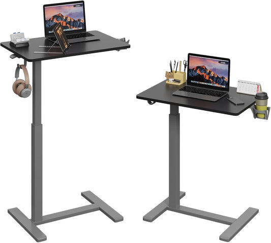 Gas Spring Adjustable Height Rolling Portable Laptop Desk, Mobile Standing Desk on Wheels, Small Sit Stand Desk with Laptop Stand/Cup Holder/Hook (Black Top + Gray Frame, 26"x19")
