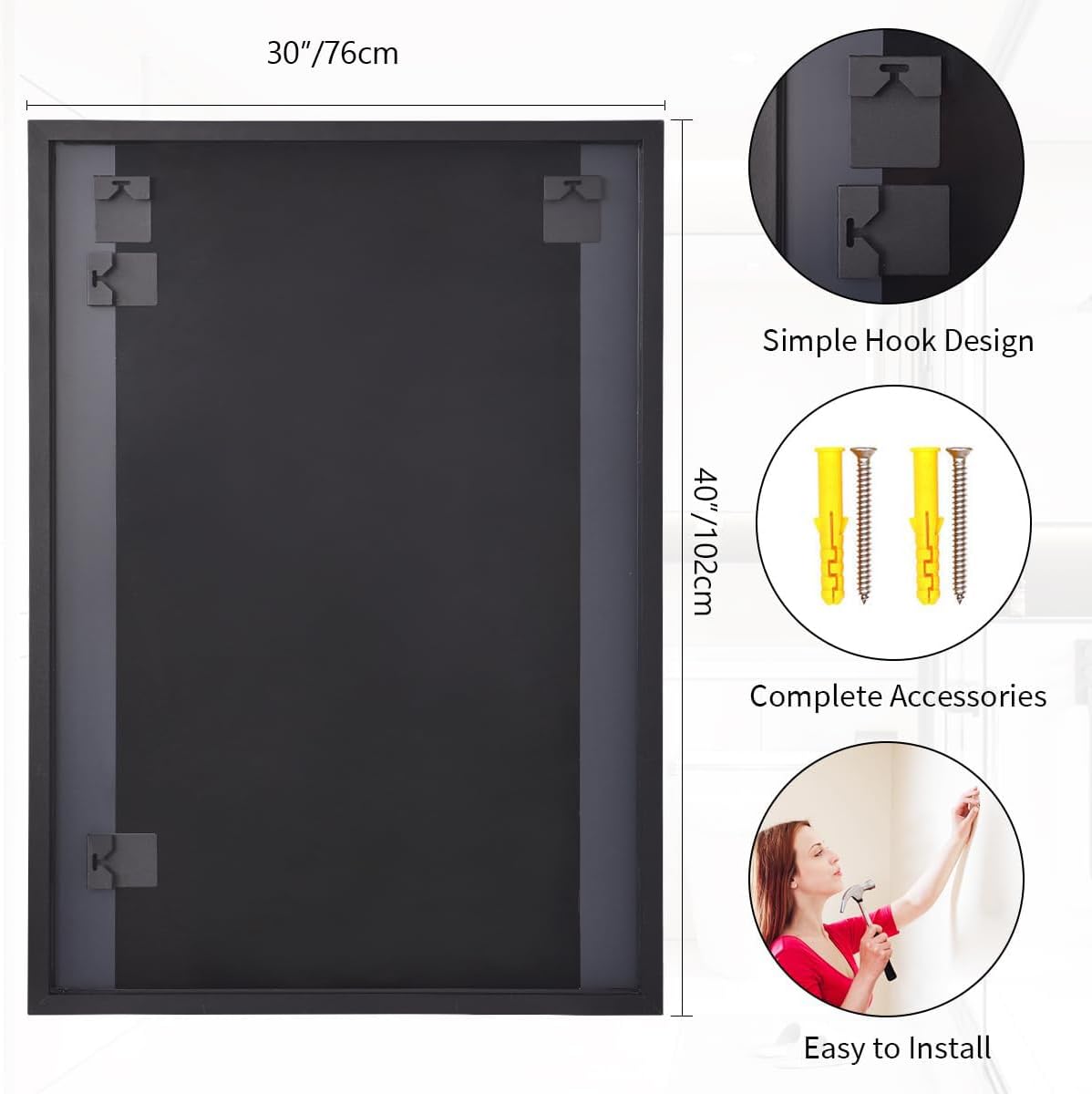 Koonmi Black Mirrors for Wall, 30x40 Inch Bathroom Mirror, Rectangular Wall Mirror for Living Room Bedroom Bathroom, Hangs Horizontally or Vertically