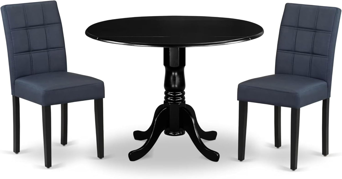 East West Furniture DLAS3-BLK-09 3 Piece Dining Table Set consists A Wood Table and 2 Dark Navy Blue Polyester Fabric Parson Dining Chair with Stylish Back- Black Finish