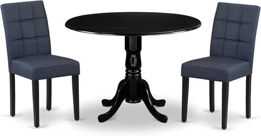 East West Furniture DLAS3-BLK-09 3 Piece Dining Table Set consists A Wood Table and 2 Dark Navy Blue Polyester Fabric Parson Dining Chair with Stylish Back- Black Finish