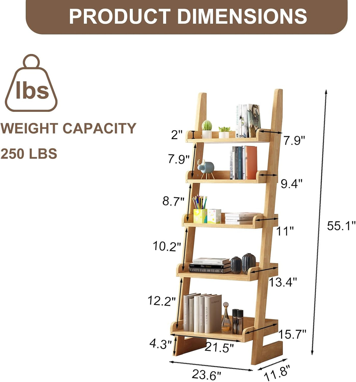 5-Tier Ladder Bookshelf, H 55" Leaning Bookshelf Storage Rack Organizer, Wooden Ladder Shelf Bookcase for Living Room, Home Office and Bedroom, Wood Color