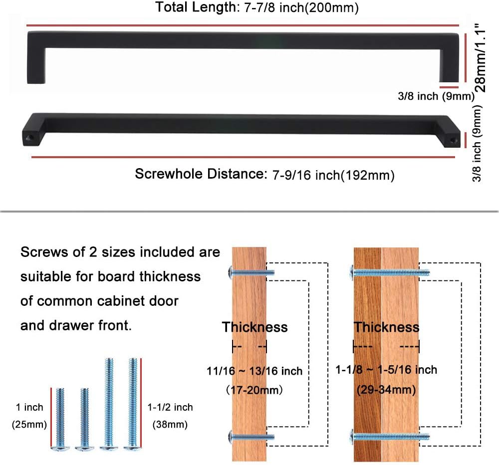 KOOFIZO Solid Square Bar Cabinet Handle - Brushed Nickel Furniture Pull, 7.6 Inch/192mm Screwhole Distance, 1-Piece for Kitchen Cupboard Door, Bedroom Dresser Drawer, Bathroom Wardrobe Hardware