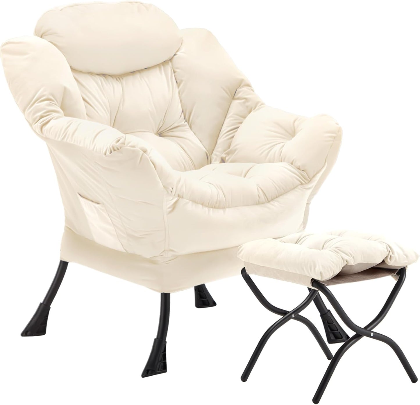 Lazy Chair with Folding Ottoman, Accent Chair Velvet Upholstered with Metal Structure and Non-Slip Pads, Sofa Armchair with Footrest and Side Storage Bag for Dorm, Room, Office, Beige