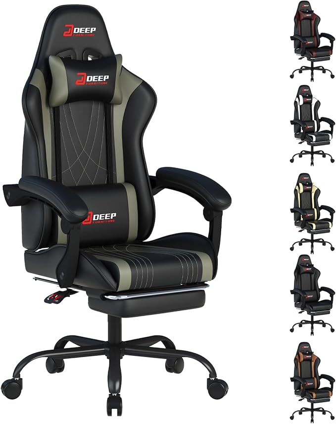 Ergonomic Gaming Chair with Footrest and Lumbar Massage, Racing Office Chair, High Back Computer Desk Chair with Headrest Pillow for Adults, Video Game Chair for PC Gamer (1001-Gray)