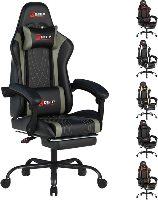 Ergonomic Gaming Chair with Footrest and Lumbar Massage, Racing Office Chair, High Back Computer Desk Chair with Headrest Pillow for Adults, Video Game Chair for PC Gamer (1001-Gray)