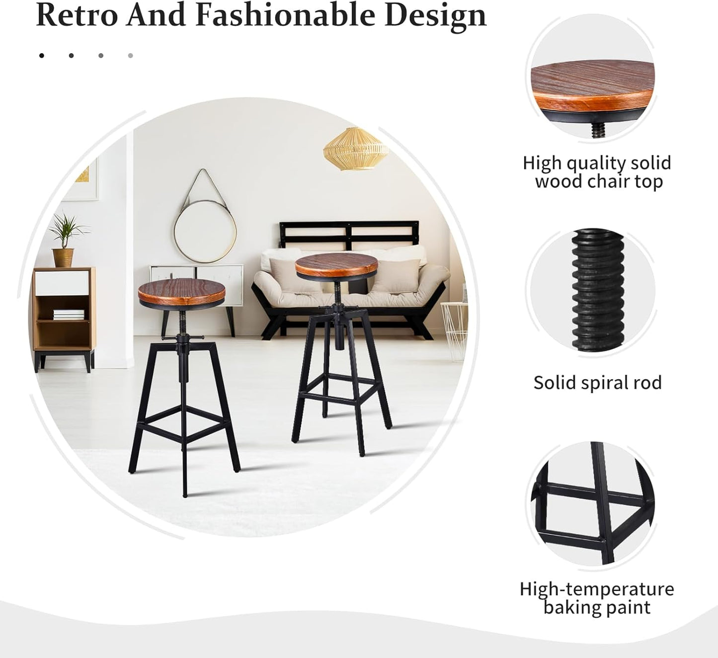 Set of 2 Vintage Bar Stools 25.6-31.5inch Height Adjustable Farmhouse Dinning Stool Swivel Wooden Seat Kitchen Island Counter Chair