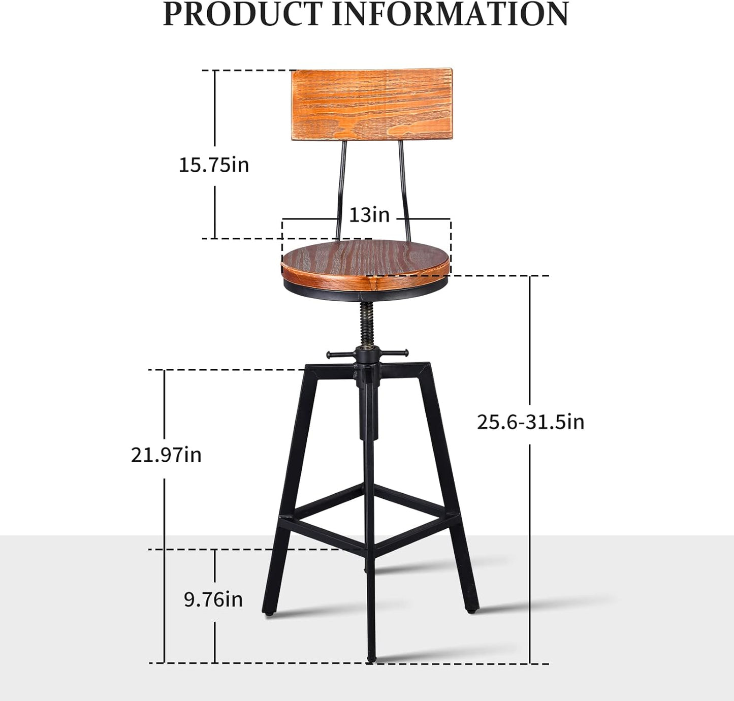 Diwhy Industrial Bar Stool Wood Metal Bar Stool,Adjustable Height Swivel Counter Height Bar Chair with Backrest,Black,Fully Welded Set of 2 (Brown Wooden Top with Wooden Backrest)