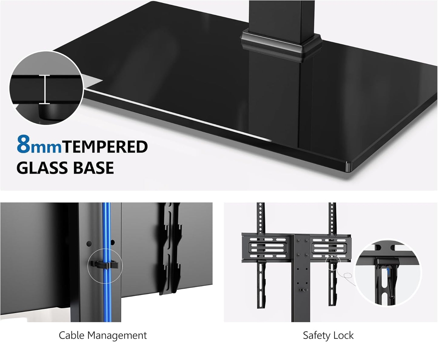 FITUEYES Universal TV Stand, Swivel TV Table Stands for 27-55 Inch Flat Screen, Tabletop TV Stand with Mount for Bedroom/Living Room, Height Adjustable, Holds up to 88 lbs, Glass Base, Black