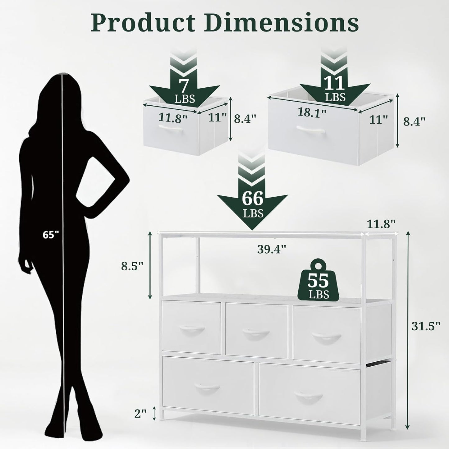 TV Stand, 5 Fabric Drawers Dresser Entertainment Center for TV up to 45 inch Wooden Media Console Table Storage Organizer with Open Shelf, for Living Room, Bedroom, or Small Space, White