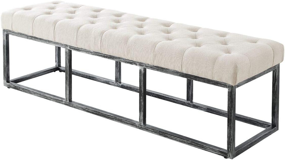 24KF Upholstered Tufted Long Bench Seats with Metal Frame Leg, Linen Bench Ottoman with Padded Seat-Ivory