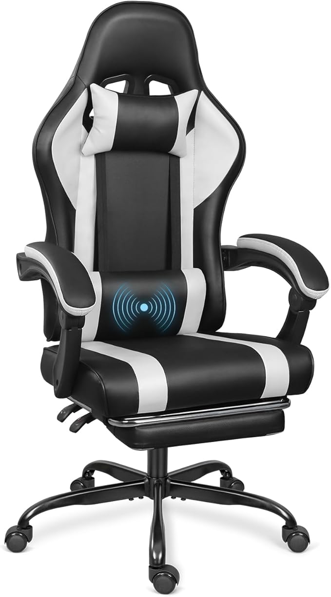 Gaming Chair with Footrest and Massage Lumbar Support, Height Adjustable Game Chair, Video Gaming Chair for Gaming Room, Living Room and Office - Black/White