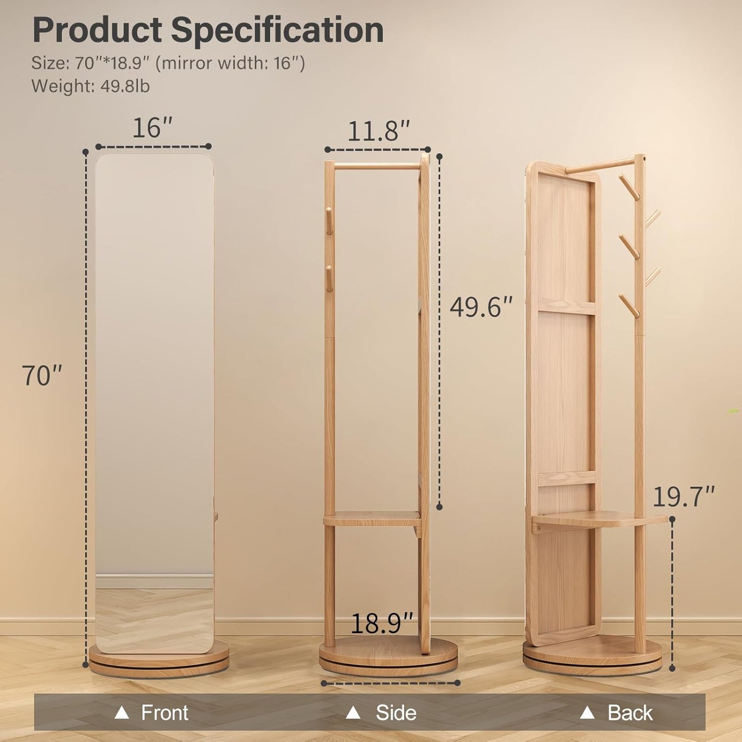 70"x16"Full Length Mirror with Stand,Coat Rack with Mirror,Solid Wood Floor Mirror,Swivel Mirrorfor Bedroom, Living Room, Cloakroom