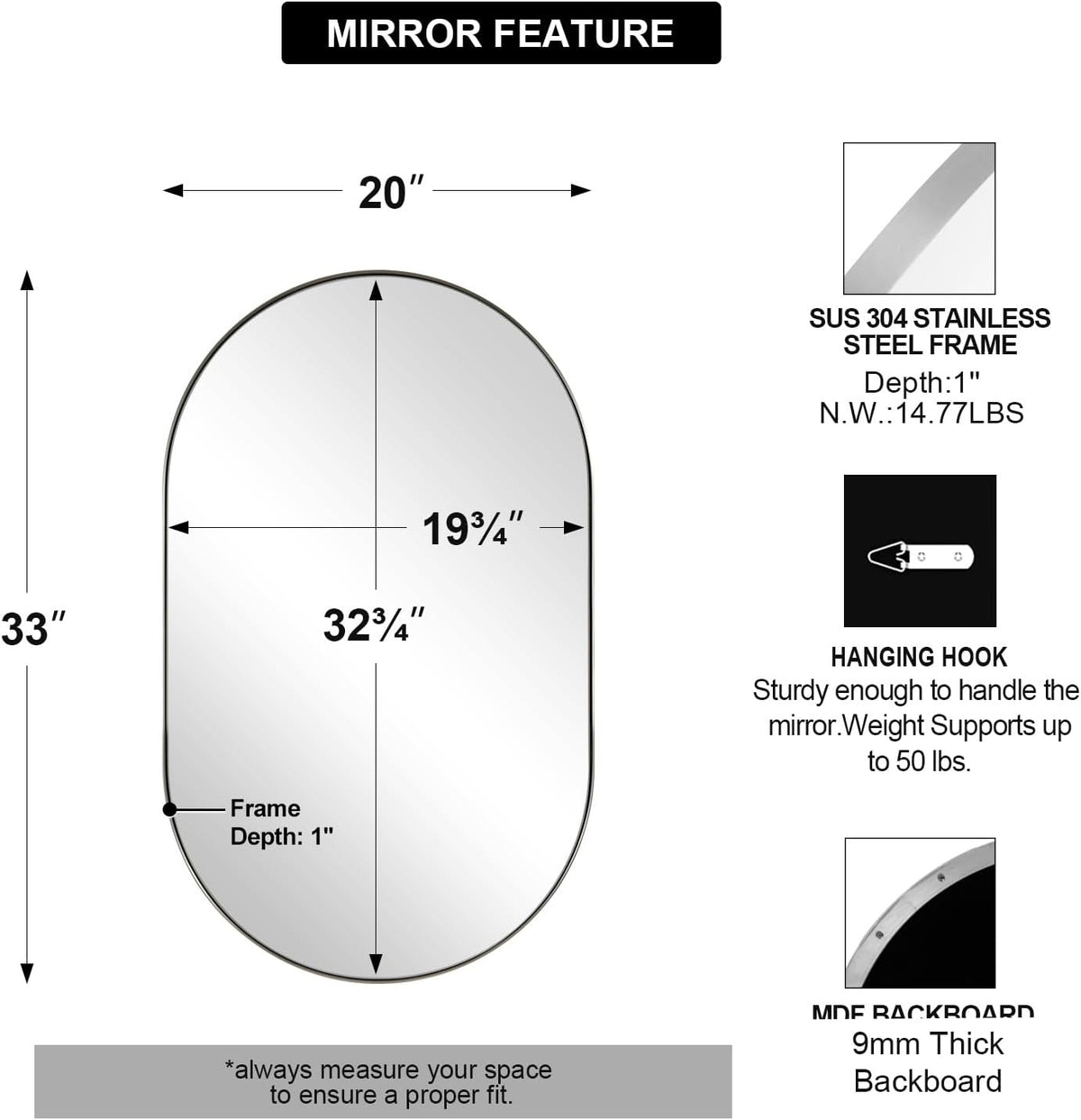 ANDY STAR Brushed Nickel Oval Bathroom Mirror, 20x33 inch Pill-Shaped Mirror for Wall HD Reflection Metal Frame Mirror for Bathroom Hang Vertical or Horizontal