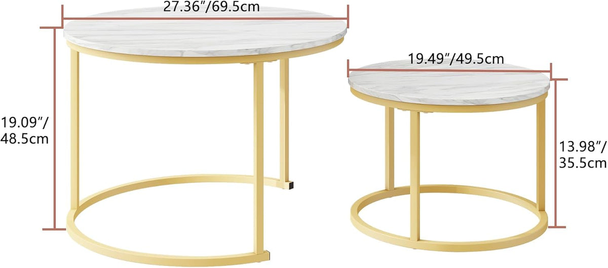 Round Coffee Table Set of 2 End Tables for Living Room,Circular and Marble Nesting Coffee Table Wooden Accent Furniture with Golden Metal Frame,Stacking Side Tables,White