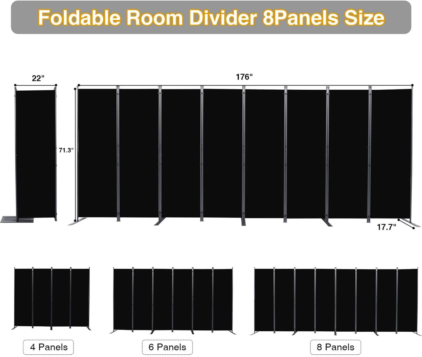Room Divider, 8 Panel Folding Privacy Screens with Wider Support Feet, 6 Ft Portable Room Partition for Room Separator, 176" W X 71" H, Black