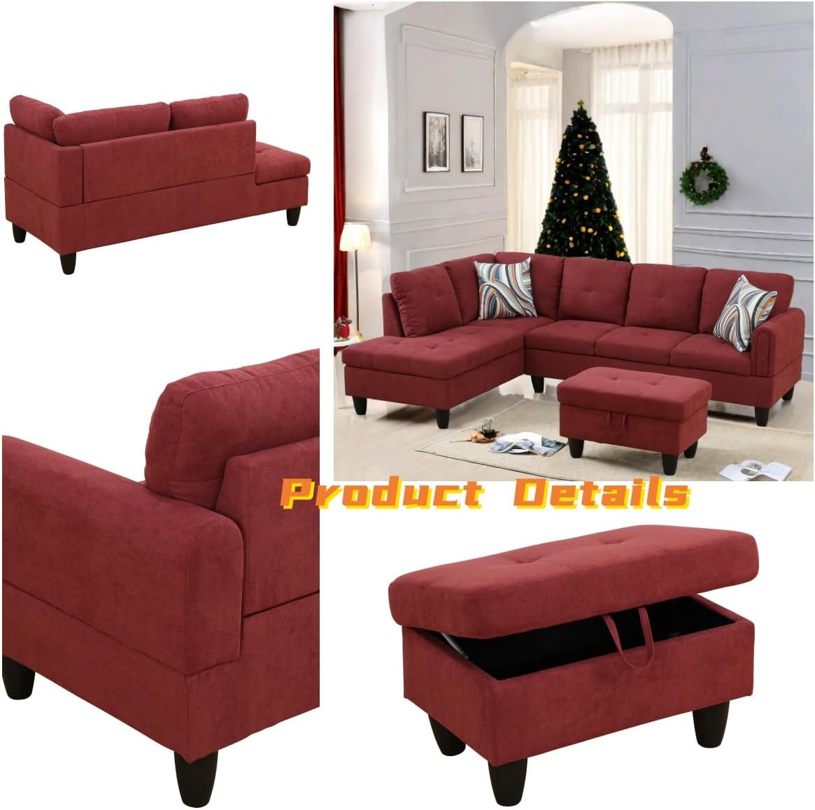 L Shaped Sectional Couch with Otttoman, 97" Sectional Sofa for Living Room Flannel Modular Couches with Cup Holders for Bedroom, Apartments, Red