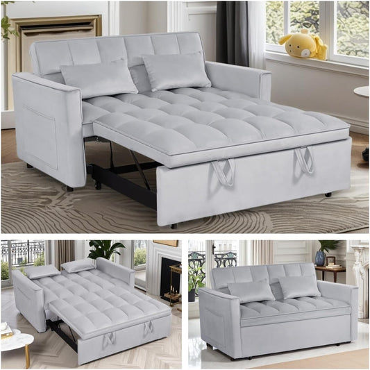 3 in1 Sofa Bed, Pull-Out Sleeper Sofa Bed with 3-Level Adjustable Backrest, Velvet Fabric Convertible Love Seat Sleepers Beds for Living Room & Bedroom & Apartment, Gray