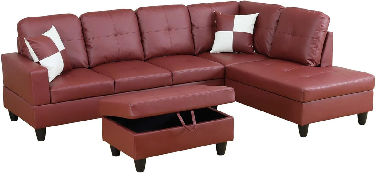 Couches for Living Room Faux Leather L Shaped Couch Comfy 3 Pieces Sectional Sofa with Chaise, Ottoman with Storage for Office and Small Apartment, Dark Red