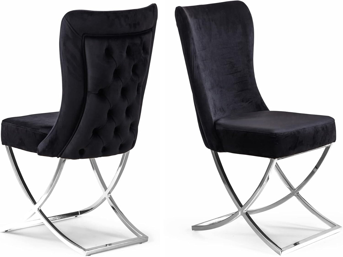 Ottomanson Royal Dining Chairs Set of 2 – Upholstered Tufted Microfiber, Assembled, Silver Metal Legs, Beech Wood Frame, 350 lb Capacity, Black